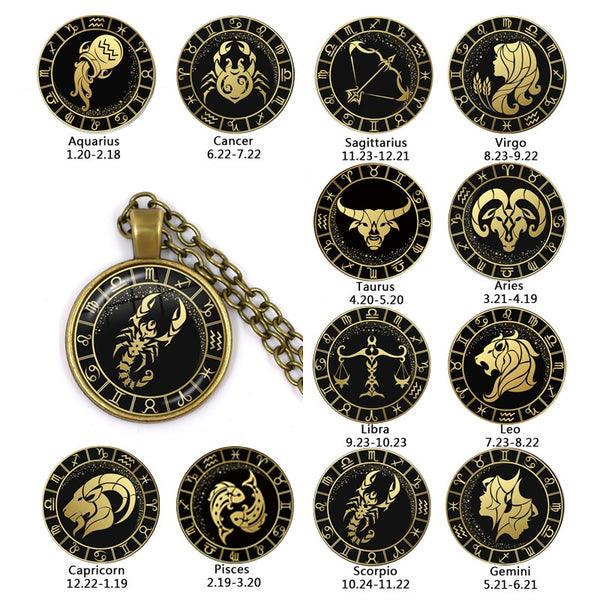 12 Constellation Scorpio Sagittarius Capricorn Aquarius Pendant Antique Bronze Necklace Glass Dome Zodiac Jewelry For Gift