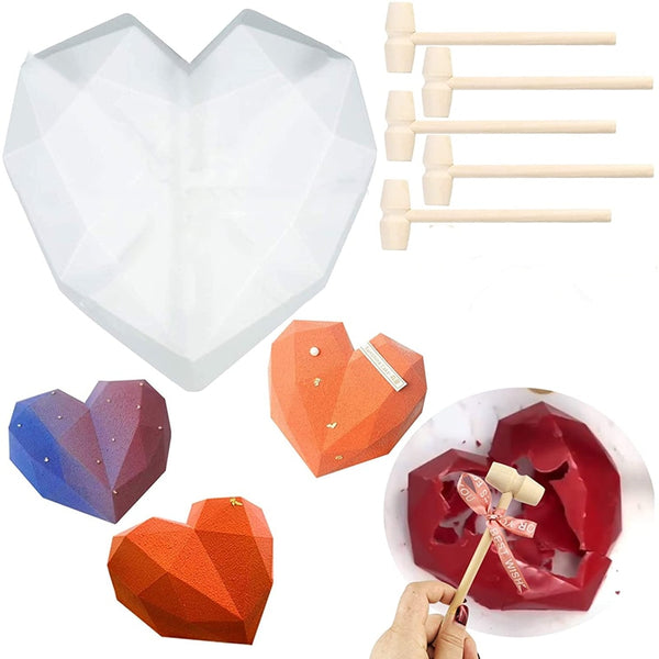 1 pc Heart Shape Silicone Cake Mold with Mini Wooden Hammers Chocolate Mousse Dessert Baking  Silicone Fondant Mold DIY