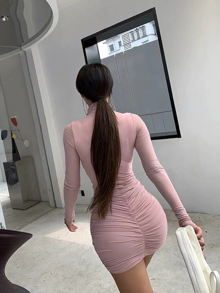 XIBANI Spring Autumn Bodycon Dress Women Long Sleeve High Neck Party Dresses Folded Hip Black White sexy Nightdress 2019 on AliExpress