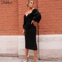 Nibber sexy pure V Neck off shoulder bodycon dress women autumn winter club party night red Elegant midi dress Mujer black dress