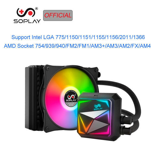 SOPLAY CPU Cooler Water Cooling CPU Radiator 120mm Fan Quiet Fan Pure Copper Rainbow Color Auto Running Support Intel/AMD