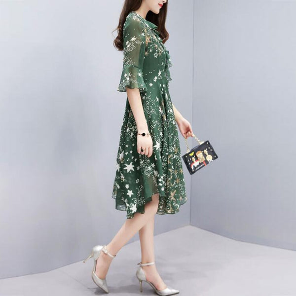 Floral Dress Long V Neck Sundress Evening Ladies Bell Sleeve Party A line Women Chiffon Elegant Summer Fashion