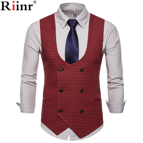 Riinr 2019 Spring Autumn Man's Vest Vintage Waistcoat Men Suit Vest U shaped Collar Houndstooth Men's Casual Vest Male Clothing