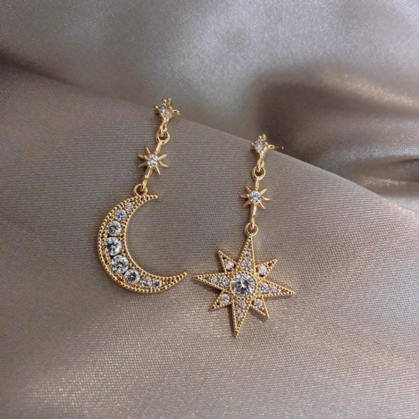 2019 New Arrival Crystal Trendy Star Women Dangle Earrings Star-moon Asymmetric Earrings Drop Earrings Jewelry Earrings