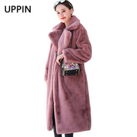 UPPIN Winter Women High Quality Faux Rabbit Fur Coat Long Section Woman Fur Coat Loose Lapel OverCoat Futro Thick Warm Plus Size Female Plush Coats
