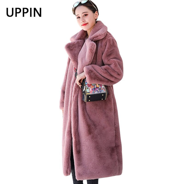 UPPIN Winter Women High Quality Faux Rabbit Fur Coat Long Section Woman Fur Coat Loose Lapel OverCoat Futro Thick Warm Plus Size Female Plush Coats