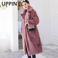 UPPIN Winter Women High Quality Faux Rabbit Fur Coat Long Section Woman Fur Coat Loose Lapel OverCoat Futro Thick Warm Plus Size Female Plush Coats