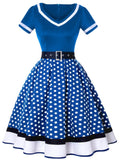 2022 Vintage 50s 60s Women&#39;s Vintage Party Dress With Belt Polka Dot Print Short Sleeve Hepburn Robe Pin Up Rockabilly Dresses