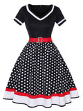 2022 Vintage 50s 60s Women&#39;s Vintage Party Dress With Belt Polka Dot Print Short Sleeve Hepburn Robe Pin Up Rockabilly Dresses
