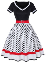 2022 Vintage 50s 60s Women&#39;s Vintage Party Dress With Belt Polka Dot Print Short Sleeve Hepburn Robe Pin Up Rockabilly Dresses
