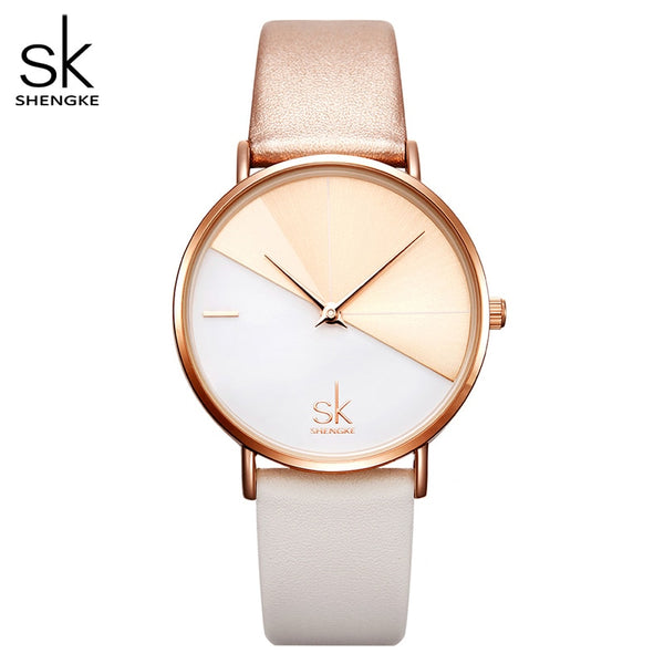 Shengke Original Waterproof Relogio Feminino Leather Women's Watches Japanese Quartz Montre Feminino Creative Design Dial  Clock
