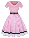 2022 Vintage 50s 60s Women&#39;s Vintage Party Dress With Belt Polka Dot Print Short Sleeve Hepburn Robe Pin Up Rockabilly Dresses