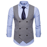 Riinr 2019 Spring Autumn Man's Vest Vintage Waistcoat Men Suit Vest U shaped Collar Houndstooth Men's Casual Vest Male Clothing