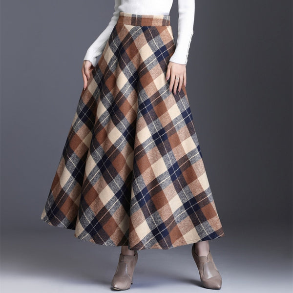 HAYBLST Brand Skirt Womens 2019Autumn Winter Plus Size3XL Elegant Korean Style Fashion Plaid Tall Waist Long Clothing Thickening