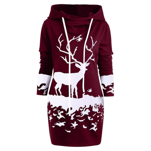 SAGACE Women Christmas Monochrome Reindeer Printed Hooded Drawstring Mini Dress Winter Polyester Princess Dress travel August 22