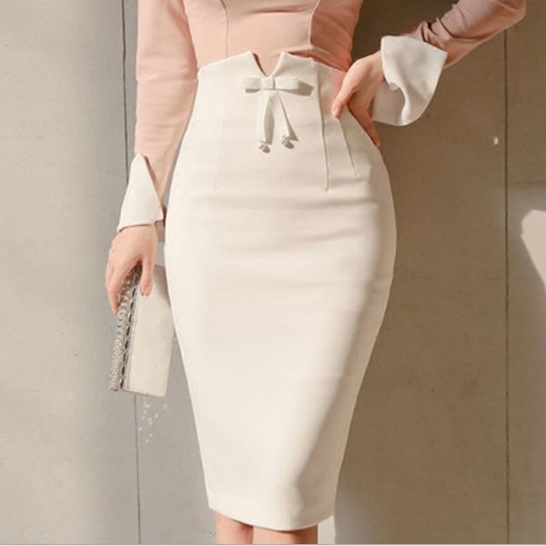 2019 Spring High Waist Office Bodycon Midi Skirts New White Women Midi Pencil Skirt Zipper Split Knee Length Skirt