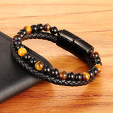 Classic Special Style Leather And Beaded DIY Combination Stitching Men&#39;s Stainless Steel Black Button Leather Bracelet For Boys
