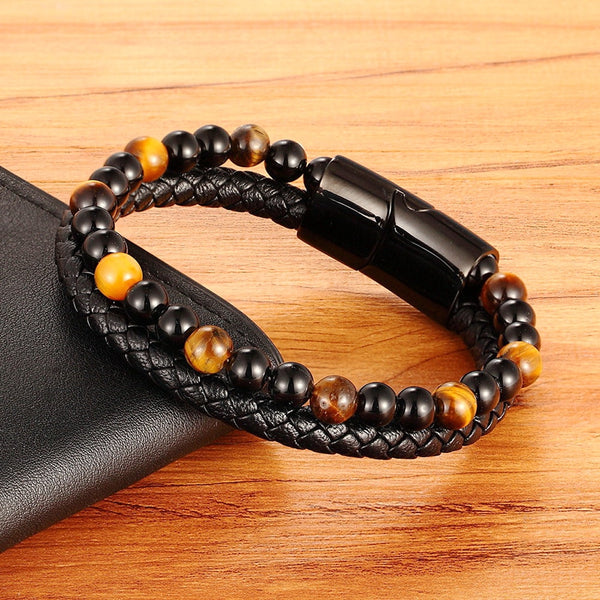Classic Special Style Leather And Beaded DIY Combination Stitching Men&#39;s Stainless Steel Black Button Leather Bracelet For Boys