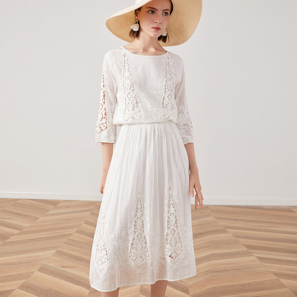TEELYNN silk cotton lace dress white floral Embroidery party dresses 2019 vintage midi Autumn dresses brand long women dresses