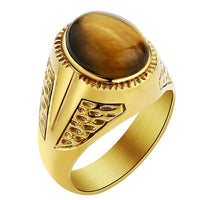 Valily Jewelry Men&#39;s Simple Tiger Eye Ring Stainless steel Oval Stone Band Golden Ring For Women Weeding Party Jewelry for Men