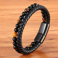 Classic Special Style Leather And Beaded DIY Combination Stitching Men&#39;s Stainless Steel Black Button Leather Bracelet For Boys