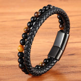 Classic Special Style Leather And Beaded DIY Combination Stitching Men&#39;s Stainless Steel Black Button Leather Bracelet For Boys