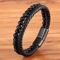 Classic Special Style Leather And Beaded DIY Combination Stitching Men&#39;s Stainless Steel Black Button Leather Bracelet For Boys