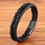 Classic Special Style Leather And Beaded DIY Combination Stitching Men&#39;s Stainless Steel Black Button Leather Bracelet For Boys