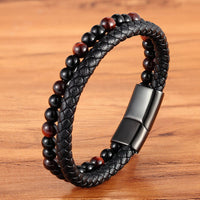Classic Special Style Leather And Beaded DIY Combination Stitching Men&#39;s Stainless Steel Black Button Leather Bracelet For Boys