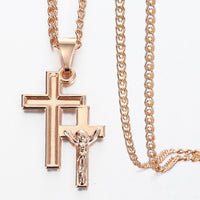 Pendant Necklace 585 Rose Gold Cross Crucifix Clear Crystal for Men Women Prayer Jesus Necklace Chain 50cm Fashion Jewelry GPM26