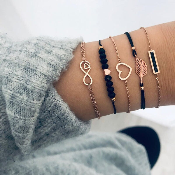 Modyle Bohemian Black Beads Chain Bracelets Bangles For Women Fashion Heart Compass Gold Color Chain Bracelets Sets Jewelry Gift