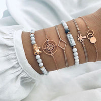 Modyle Bohemian Black Beads Chain Bracelets Bangles For Women Fashion Heart Compass Gold Color Chain Bracelets Sets Jewelry Gift