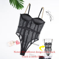 Cryptographic Black Mesh Transparent Bodysuit Metal Chain Straps Backless Bodysuits Sexy Bodycon Jumpsuit Fashion Club Party