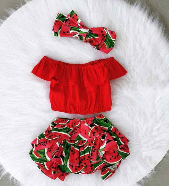 Sweet Toddler Baby Girl Kid Straped Ruffle Red Tops Watermelon Shorts Headwear Sunsuit Clothes Summer Girls Clothing 3PCS