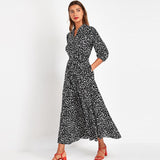 Aachoae Vintage Floral Print Maxi Dress Women Boho Three Quarter Sleeve Long Dress Turn Down Collar Casual Shirt Dresses Robe
