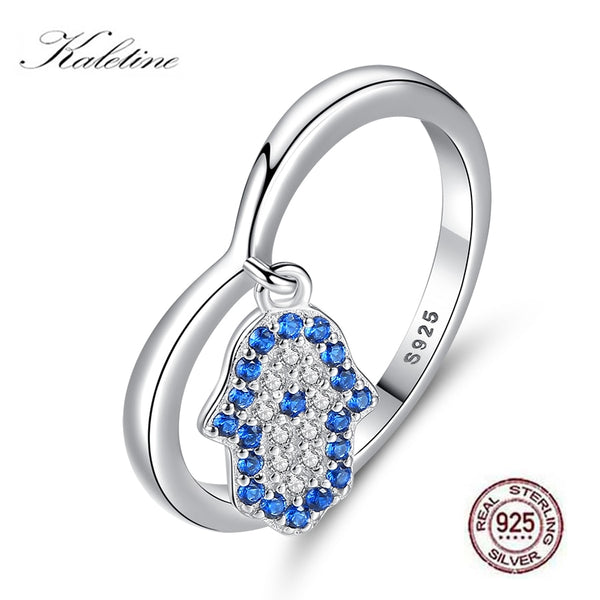 KALETINE 925 Sterling Silver Ring Blue Eye Hamsa Hand Fatima Pendant Evil Eye Rings For Women CZ Heart Ring Wedding Jewelry