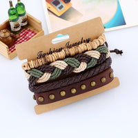 Vintage Handmade Feather Multilayer Leather Bracelet Sets Men Fashion Braiding Coffee Rope Wrap Bracelets &amp; Bangles Male Gift