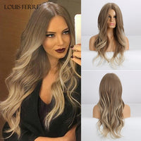 ALAN EATON Long Ombre Light Ash Brown Blonde Wavy Wig Cosplay Party Daily Synthetic Wig for Women High Density Temperature Fibre