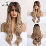 ALAN EATON Long Ombre Light Ash Brown Blonde Wavy Wig Cosplay Party Daily Synthetic Wig for Women High Density Temperature Fibre