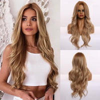 ALAN EATON Long Ombre Light Ash Brown Blonde Wavy Wig Cosplay Party Daily Synthetic Wig for Women High Density Temperature Fibre