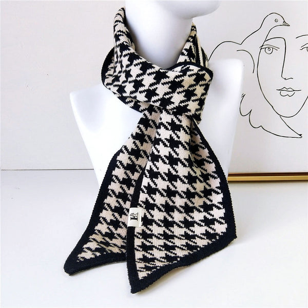 Luxury Brand Female Angled Sharp Houndstooth Warm Long Narrow Small Skinny Neckerchief Knitted Winter Scarf Woman
