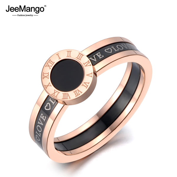 JeeMango Black Acrylic Love Roman Numerals Wedding Rings For Women Rose Gold Titanium Stainless Steel Ring Jewelry JR19060