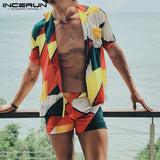 INCERUN Summer Beach Men Sets Printed Short Sleeve Streetwear Lapel Shirt Fashion Shorts Casual Men Hawaiian Suit 2 Pieces 2022