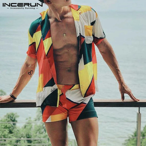 INCERUN Summer Beach Men Sets Printed Short Sleeve Streetwear Lapel Shirt Fashion Shorts Casual Men Hawaiian Suit 2 Pieces 2022
