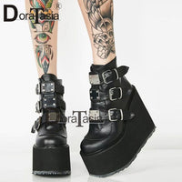 DORATASIA Luxury Brand New Fashion Female Platform Boots Classic Wedges Ankle Boots Women 2020 Metal Buckle Autumn Shoes Woman