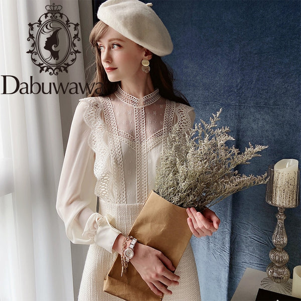 Dabuwawa Elegant Ruffle Appliques A-Line Dress Women Autumn Mesh Lantern Sleeve Solid Sexy Party Dress Ladies DT1CDR016