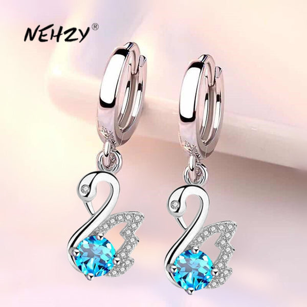 NEHZY 925 sterling silver new women&#39;s fashion jewelry earrings pink blue white crystal zircon long tassel retro swan earrings
