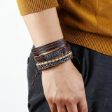Vintage Handmade Feather Multilayer Leather Bracelet Sets Men Fashion Braiding Coffee Rope Wrap Bracelets &amp; Bangles Male Gift
