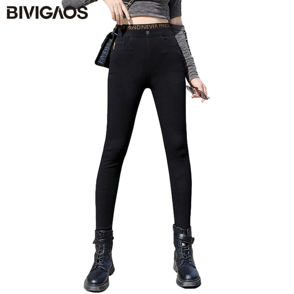 BIVIGAOS New High Waist Waistline Letter Stitching Pencil Pants Women&#39;s Spring Autumn Black Jeans Leggings Skinny Slim Jeggings