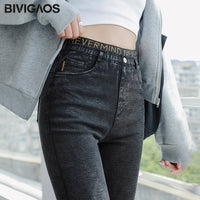BIVIGAOS New High Waist Waistline Letter Stitching Pencil Pants Women&#39;s Spring Autumn Black Jeans Leggings Skinny Slim Jeggings